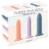 Three in a Row dildo sæt i orange, lilla og blå silikone med sugekop
